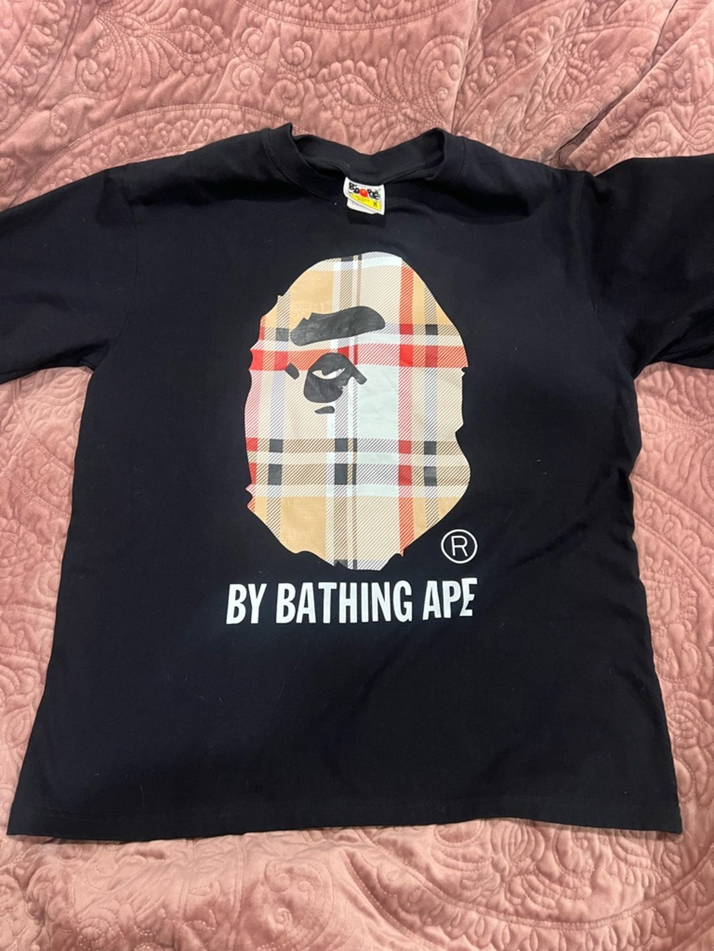 BAPE jrs MD Black Graphic Logo Tee with Plaid Ape Motif